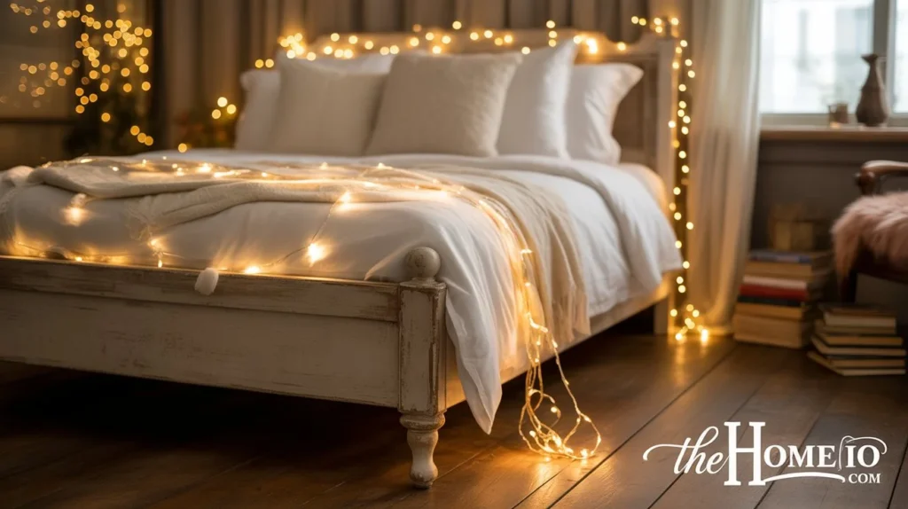 image of a dreamy bedroom with twinkling string lights draped across the bed frame, creating a soft and romantic glow.
