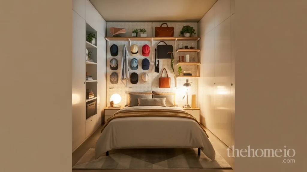 A small bedroom with a pegboard mounted on the wall, displaying accessories, hats, and bags, creating an organized and functional space.