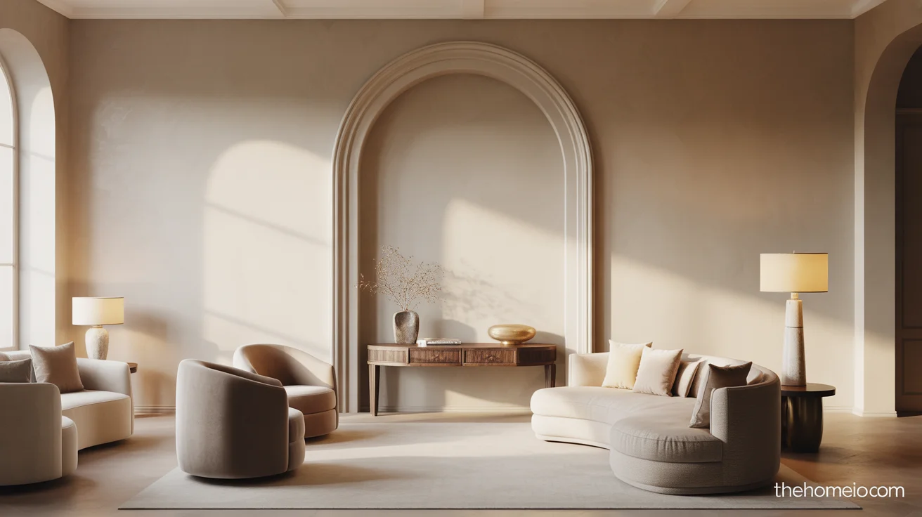 Living room with a decorated interior arch, console table, and warm layered styling
