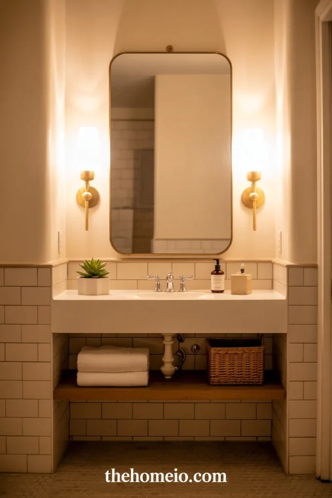 An elegant with warm wall sconces beside a mirror, glowing soft light, neutral tones, fresh towels, and a cozy upscale atmosphere.