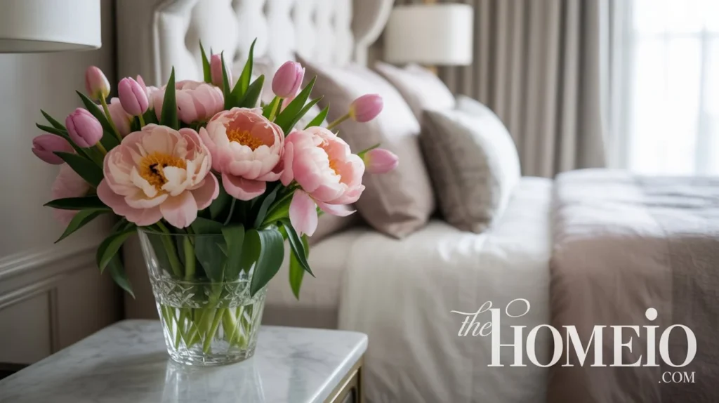 A chic bedroom with fresh peonies and tulips in a vase on the bedside table, offering a natural burst of color and creating an elegant, floral atmosphere.