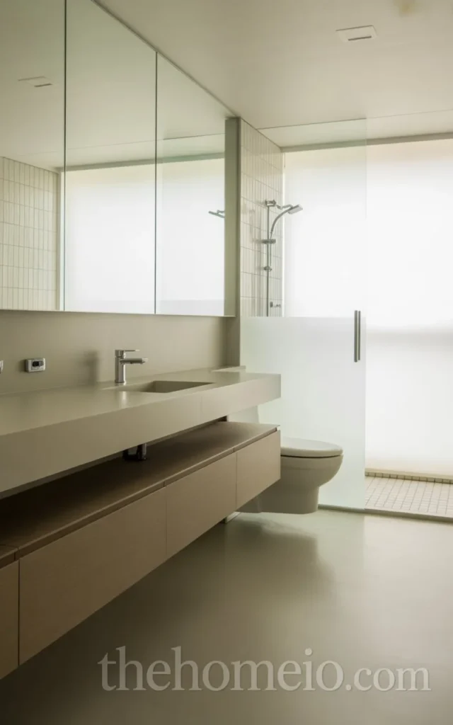 A minimalist bathroom with a floating vanity mounted on the wall, offering ample floor space and a clean, contemporary look.