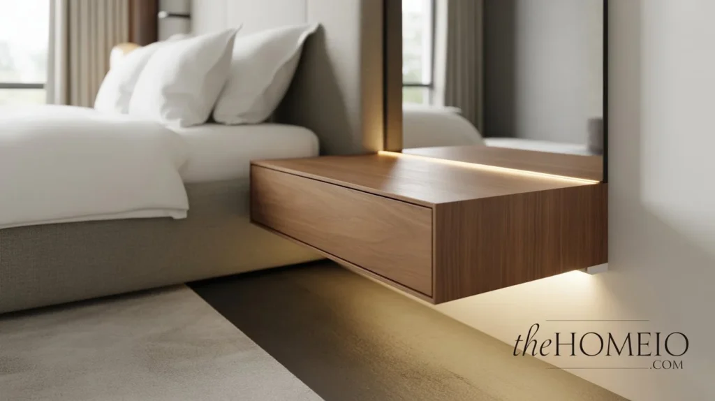 A small bedroom with floating nightstands on either side of the bed, creating a sleek and space-saving design.