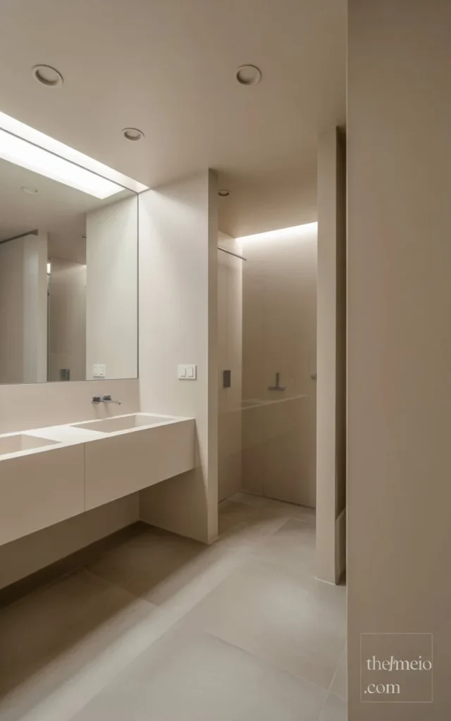 A minimalist bathroom featuring recessed lighting in the ceiling, providing even illumination without cluttering the space.