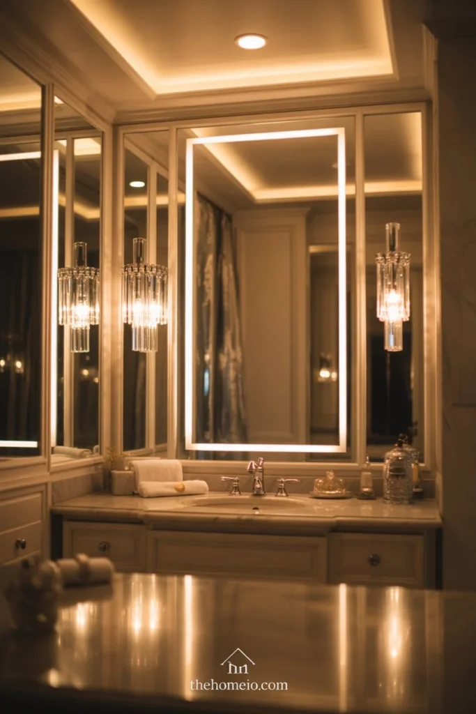 royal image of A sophisticated bathroom with layered lighting, elegant wall sconces, glowing mirror lights, soft ceiling lighting, and a warm spa-like atmosphere.
