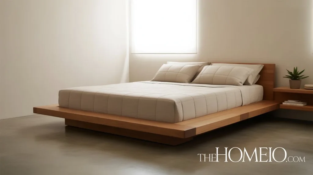 A small bedroom with a low-profile platform bed, providing a sleek, modern look and saving space.