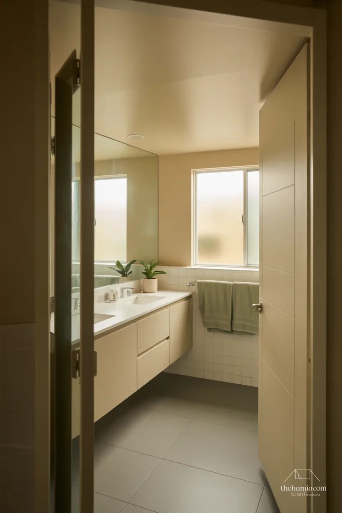 Guest bathroom in warm white and beige tones with a calm, welcoming look