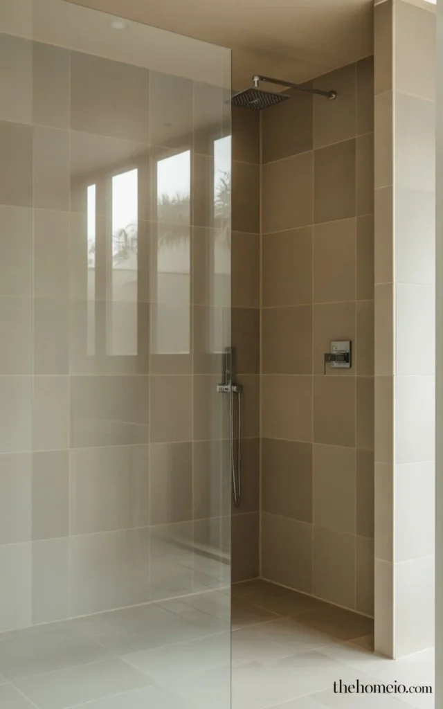 A minimalist walk-in shower with neutral-toned tiles and a clear glass partition, creating an open, uncluttered look.