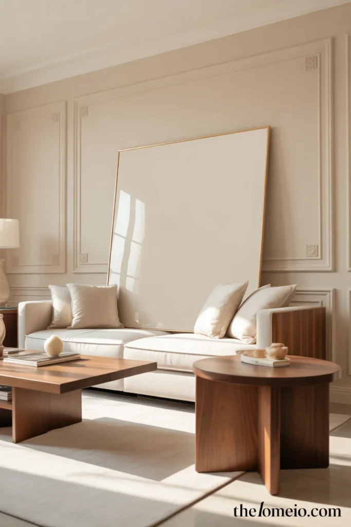 Neutral living room with oversized wall art and simple elegant wall detailing