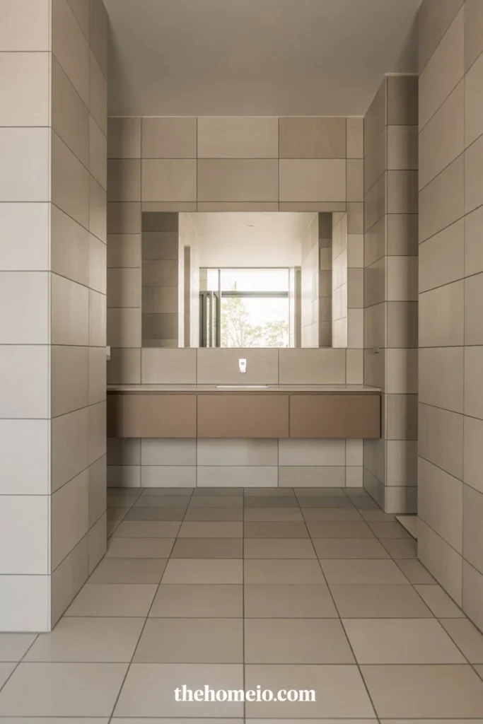 A small bathroom with large-format light gray porcelain tile on floor and walls, minimal grout lines, floating vanity, simple mirror, clean modern design, open and seamless look, ultra realistic interior design photography, luxury home decor magazine style, natural daylight, soft shadows, clean composition, realistic materials,