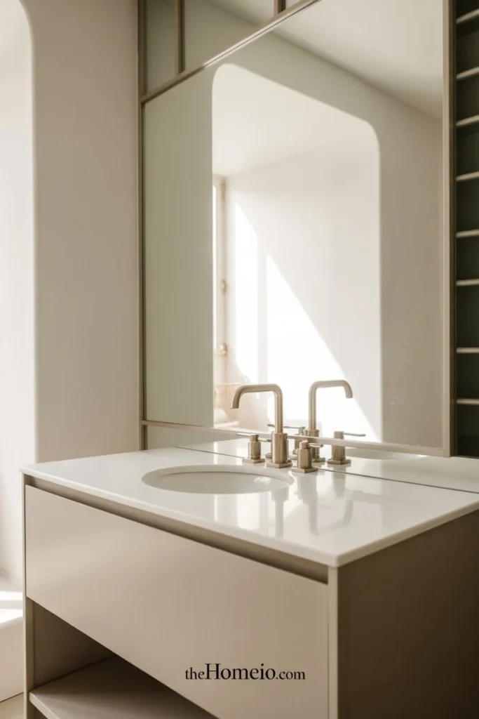 A smart small bathroom with an oversized rectangular mirror above a modern vanity, soft white walls, bright reflected natural light, clean and spacious look, elegant but realistic home decor styling, ultra realistic interior design photography, luxury home decor magazine style, natural daylight, soft shadows, clean composition, realistic materials, accurate bathroom proportions, high detail, crisp focus.