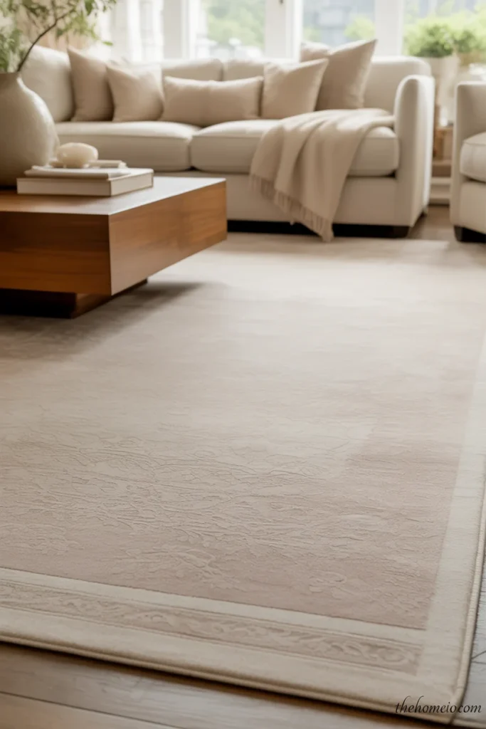 Neutral living room with a large beige and ivory rug anchoring the space