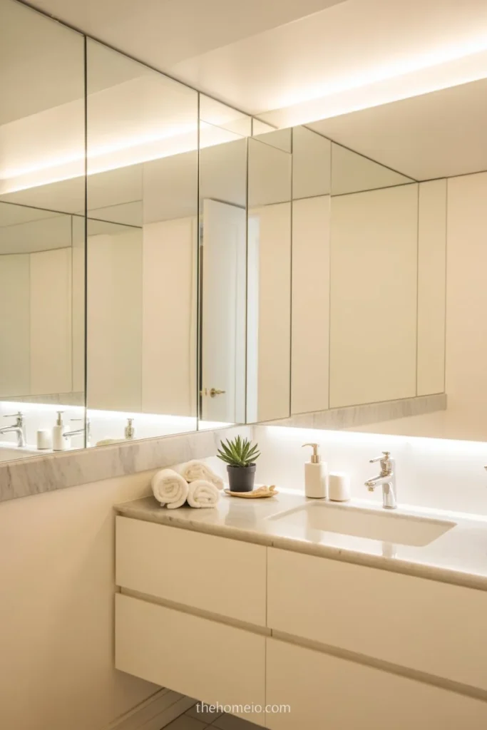A small bathroom with a full-width mirror above the vanity, soft lighting, white walls, clean countertops, and a bright airy feeling.
