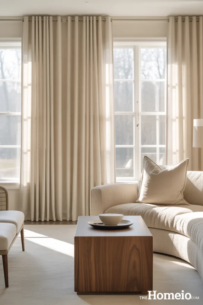 Neutral living room with soft linen curtains and bright natural light