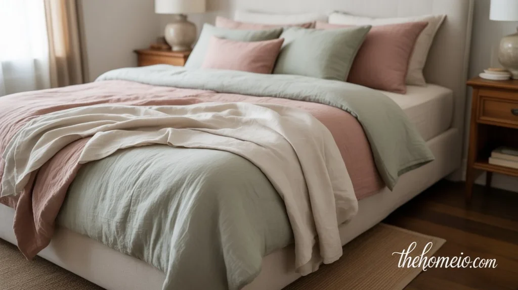 bedroom with soft cotton bedding in muted pastels, paired with light linen throw blankets for a relaxed, comfortable look.