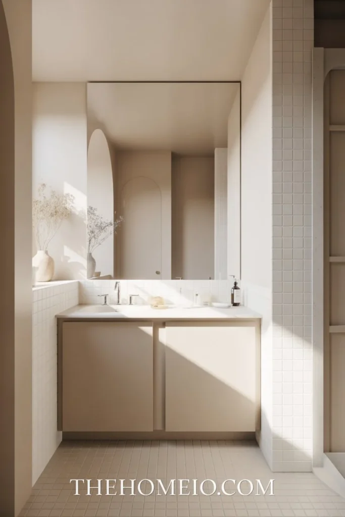 A small bathroom designed in soft white, warm beige, and light gray tones, bright and open look, clean vanity, neutral tile, minimal decor, airy and elegant American home bathroom, ultra realistic interior design photography, luxury home decor magazine style, natural daylight, soft shadows, clean composition, realistic materials, accurate bathroom proportions, high detail, crisp focus,