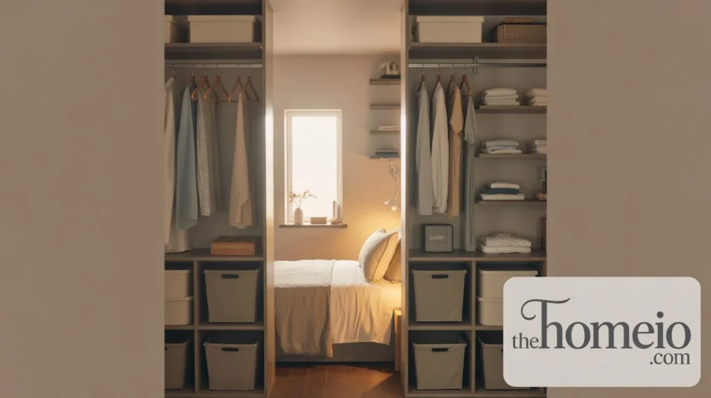 A small bedroom idea looks real bedroom featuring A well-organized closet in a small bedroom, featuring hanging organizers and neatly folded clothes, maximizing storage space efficiently.