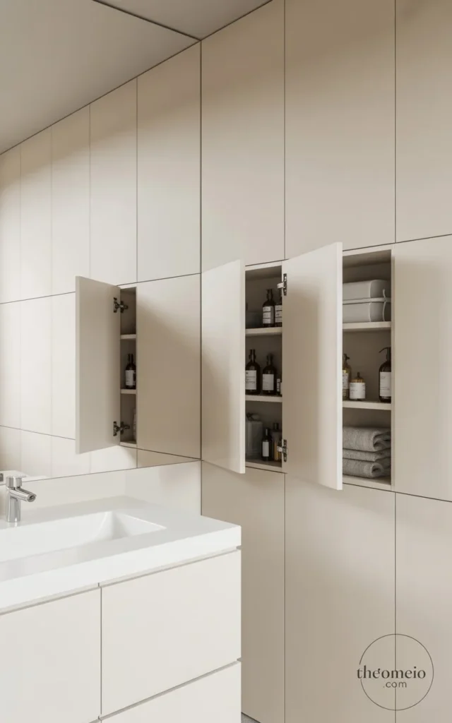 A minimalist bathroom with hidden storage cabinets built into the walls, keeping toiletries neatly stored and maintaining a clean, clutter-free environment.