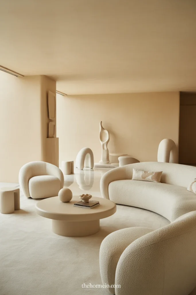 Neutral living room with curved chairs and a round coffee table