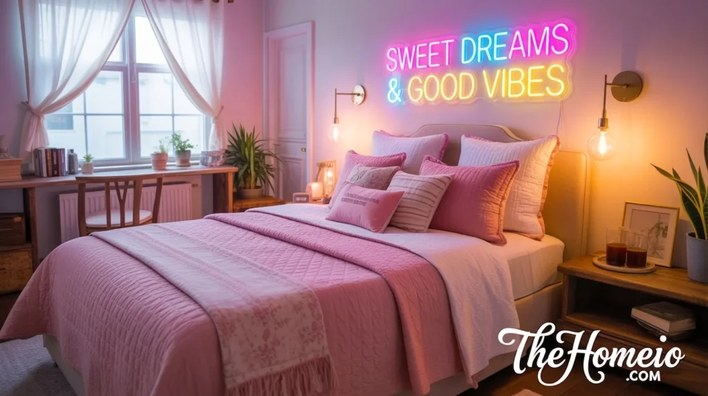 A bedroom with neon lights in the shape of a fun sign, glowing brightly and adding a lively vibe to the space.