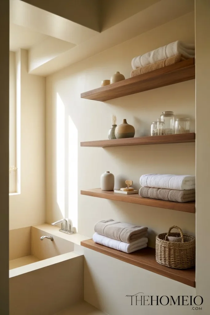 A beautiful small bathroom with floating open shelves styled with folded towels, small ceramic decor, glass jars, woven basket, soft neutral palette, clean and uncluttered design, ultra realistic interior design photography, luxury home decor magazine style, natural daylight, soft shadows, clean composition, realistic materials, accurate bathroom proportions, high detail, crisp focus,