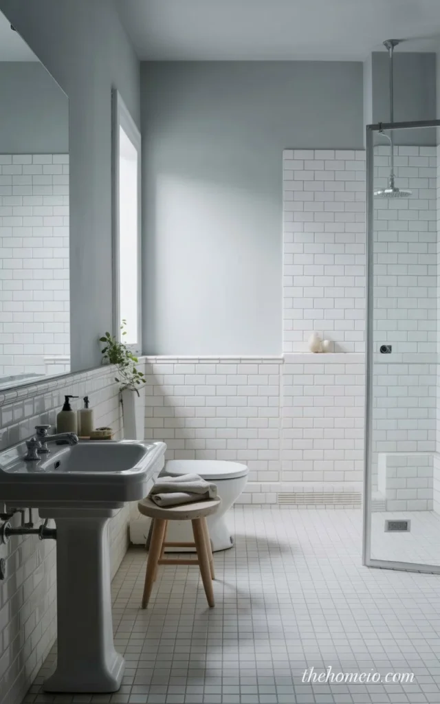 A minimalist bathroom with soft grey walls, white tiles, and neutral accessories, creating a serene and calming environment. The design enhances the spacious feel of the room.
