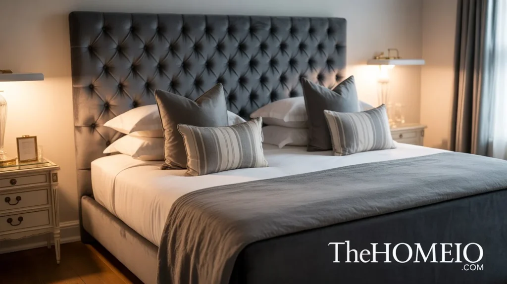 A small bedroom with a bold, tufted headboard that adds a stylish focal point to the room, making it feel chic and cozy.