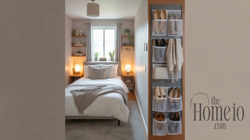 A small bedroom with an over-the-door organizer holding shoes and accessories, making efficient use of door space for storage.