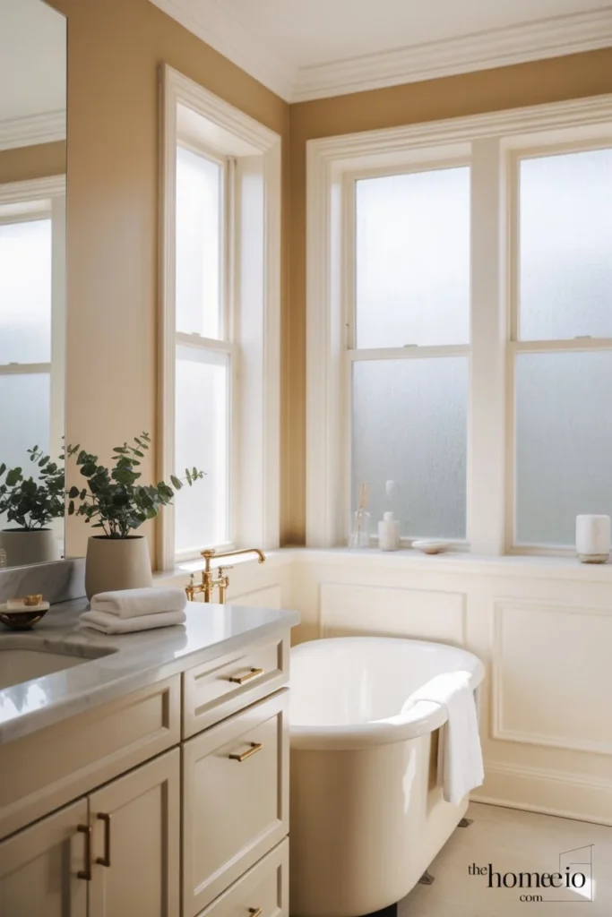 A stylish bathroom with freshly painted soft white and warm beige walls, bright natural light, clean lines, elegant decor, and a calm spa-like mood.