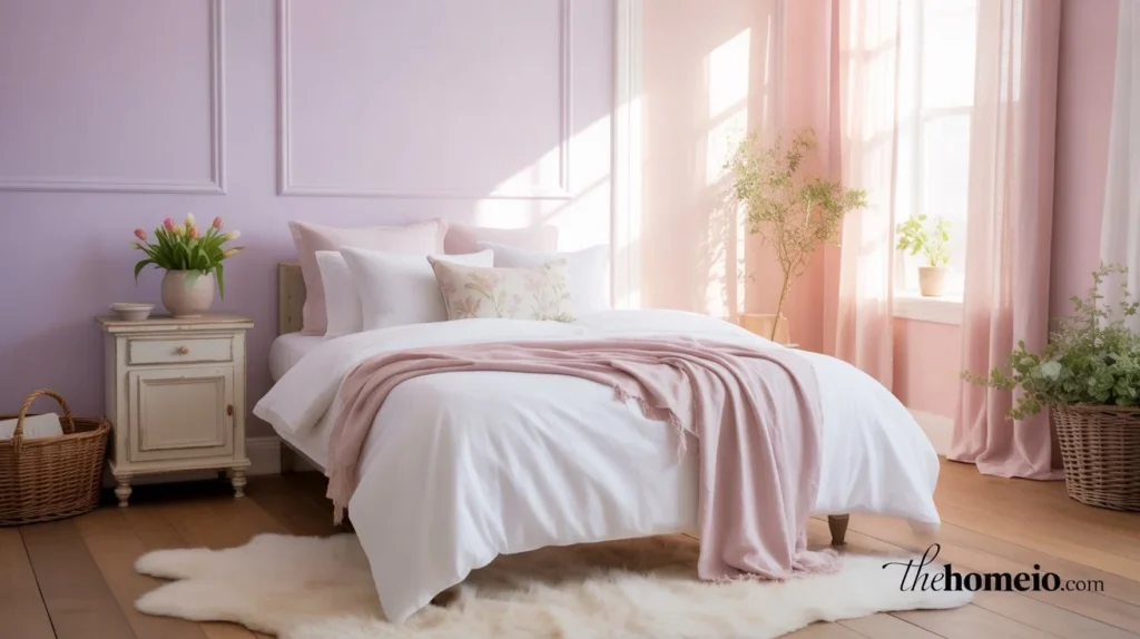 a fresh, spring-inspired bedroom with soft pastel walls in shades of light lavender and blush pink, creating a serene and inviting ambiance.