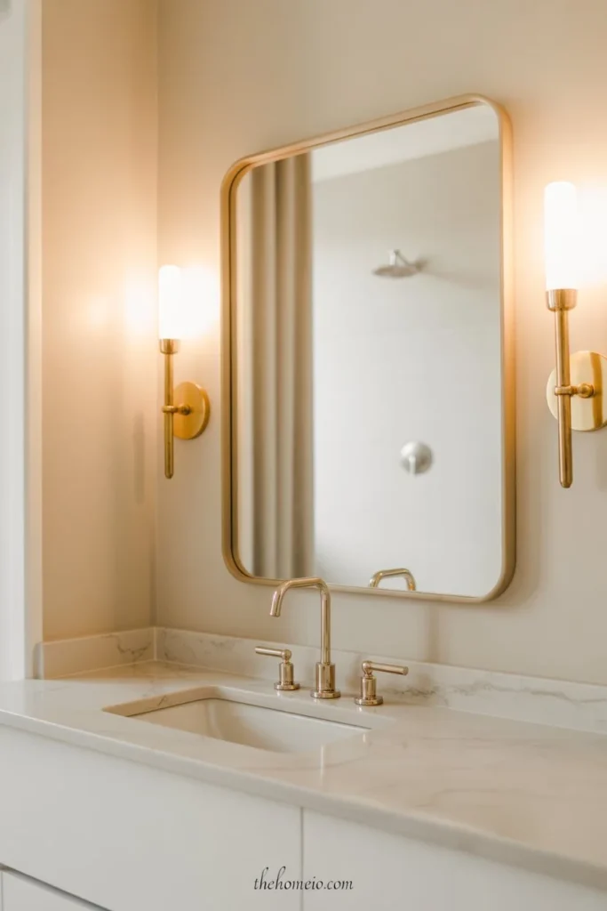 A modern bathroom with a thin gold-framed mirror, warm sconces, marble countertop, neutral styling, and an elegant feminine feel.