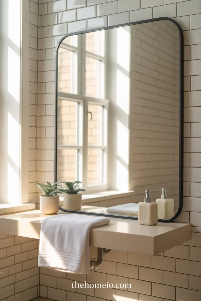 A bright bathroom with a stylish mirror placed across from a window, sunlight reflecting through the room, fresh white towels, and soft neutral decor.