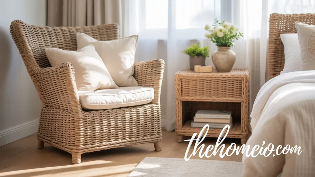 A real image of a spring bedroom featuring a wicker rattan chair and a rattan nightstand, creating a warm, organic feel that’s perfect for a boho vibe.