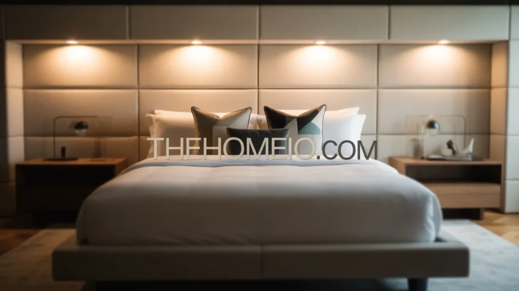 A modern and recessed ceiling lights subtly illuminating the space. The lights are focused on the bed area, creating a