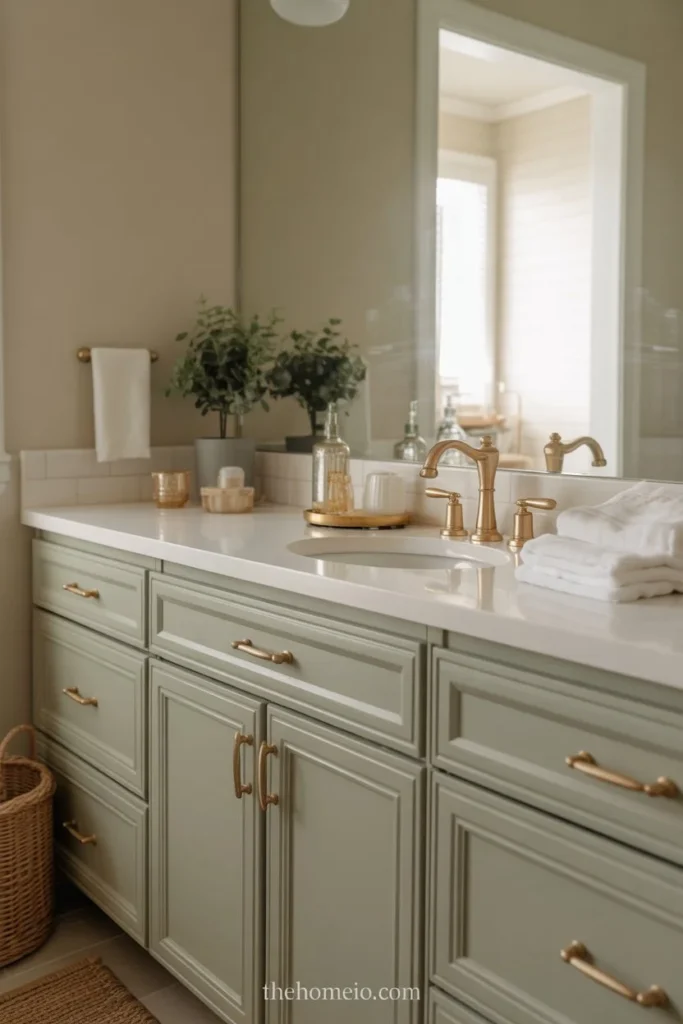 A bathroom with a freshly painted vanity in soft sage green, modern gold hardware, clean white countertop, and elegant neutral styling.