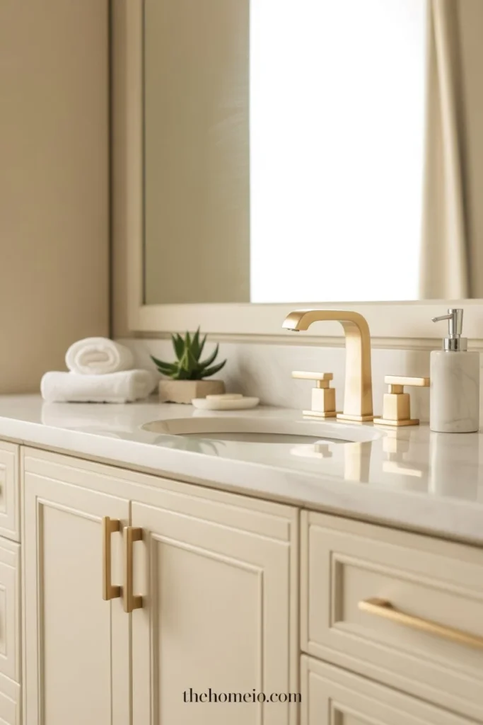 A close-up of a bathroom vanity with updated brushed gold hardware, sleek modern faucet, elegant cabinet details, and soft luxury styling.