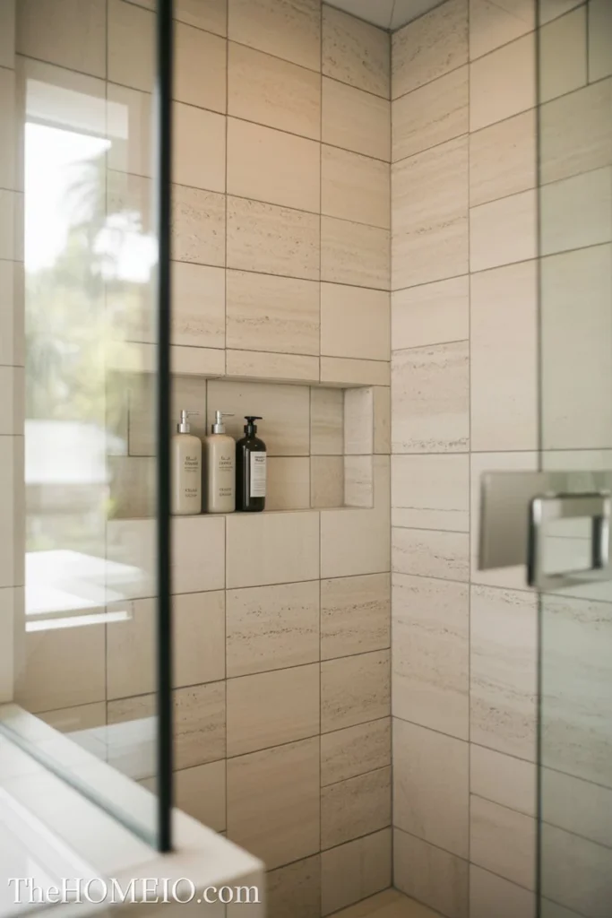 A modern small shower with a built-in wall niche holding simple shampoo bottles, light stone tile, clean lines, glass shower panel, spa-like but realistic bathroom feel, elegant American home interior, ultra realistic interior design photography, luxury home decor magazine style, natural daylight, soft shadows, clean composition, realistic materials, accurate bathroom proportions,