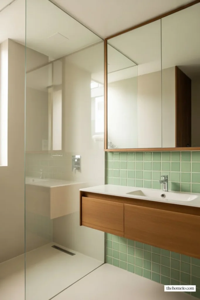 Small bathroom with light green tile accent wall and large mirror
