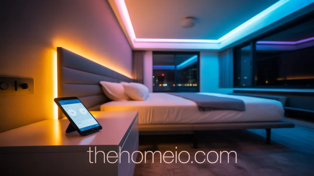 A modern bedroom with smart lighting installed, controlled via a smartphone app. The lights change color and brightness, creating different moods