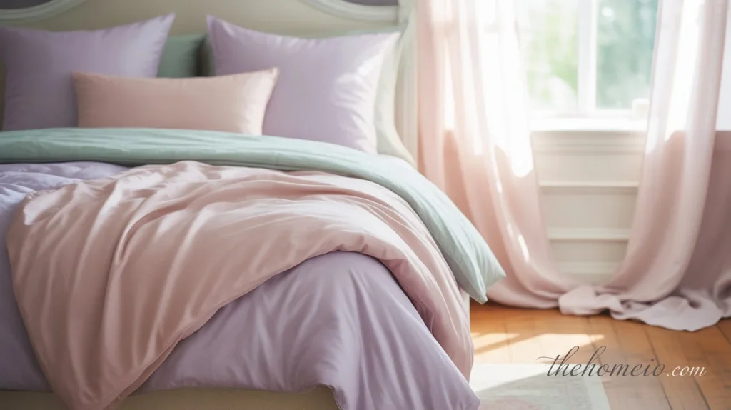 A serene bedroom with soft pastel-colored bedding in shades of lavender, blush pink, and mint green, with light curtains flowing gently in the breeze, creating a cozy and feminine spring atmosphere.