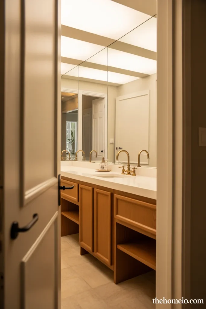 Guest bathroom with warm oak vanity, stone-look floor tile, and brass accents