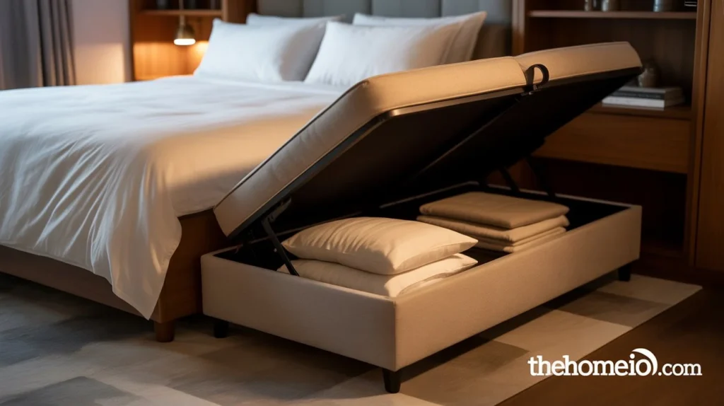 A cozy bedroom featuring a stylish storage ottoman at the foot of the bed, storing extra bedding and adding extra seating for a functional and space-saving solution.