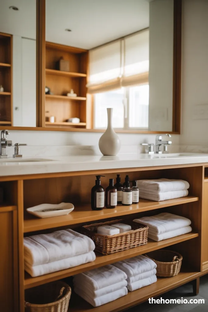 Guest bathroom with open shelves styled with towels and guest toiletries