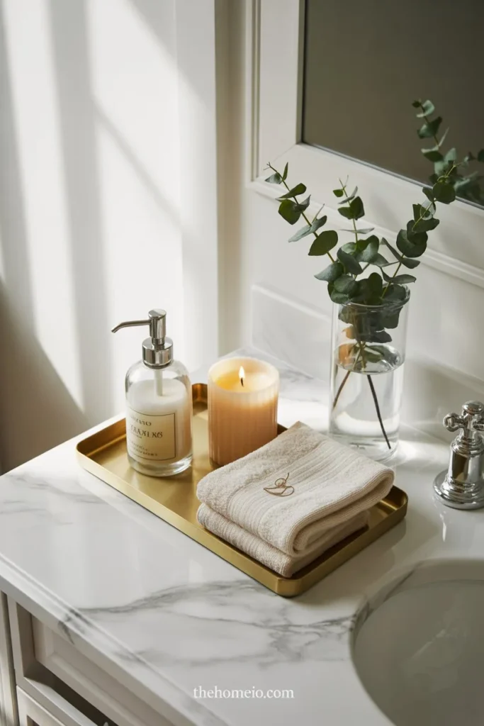 A chic bathroom countertop styled with a tray, elegant soap dispenser, soft candle, folded hand towel, and a small vase of greenery.
