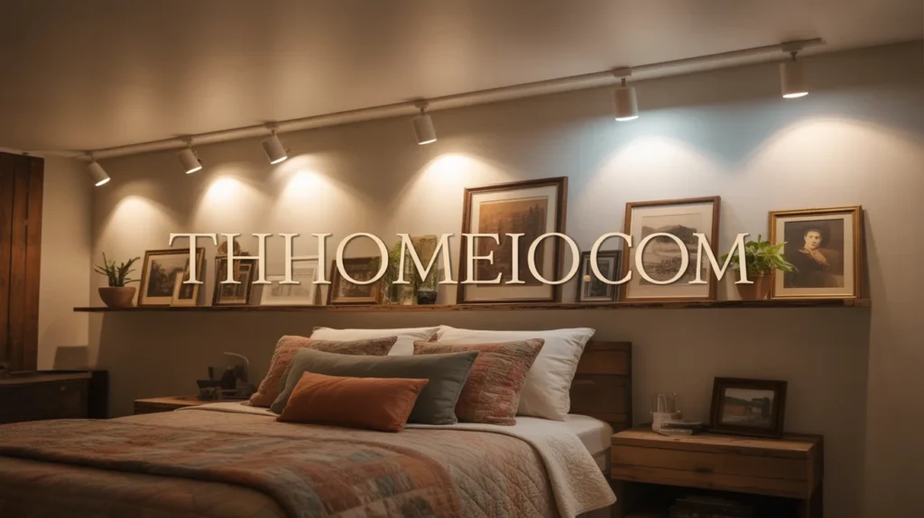A bedroom with track lighting installed on the ceiling, pointing towards specific areas like artwork or shelves.