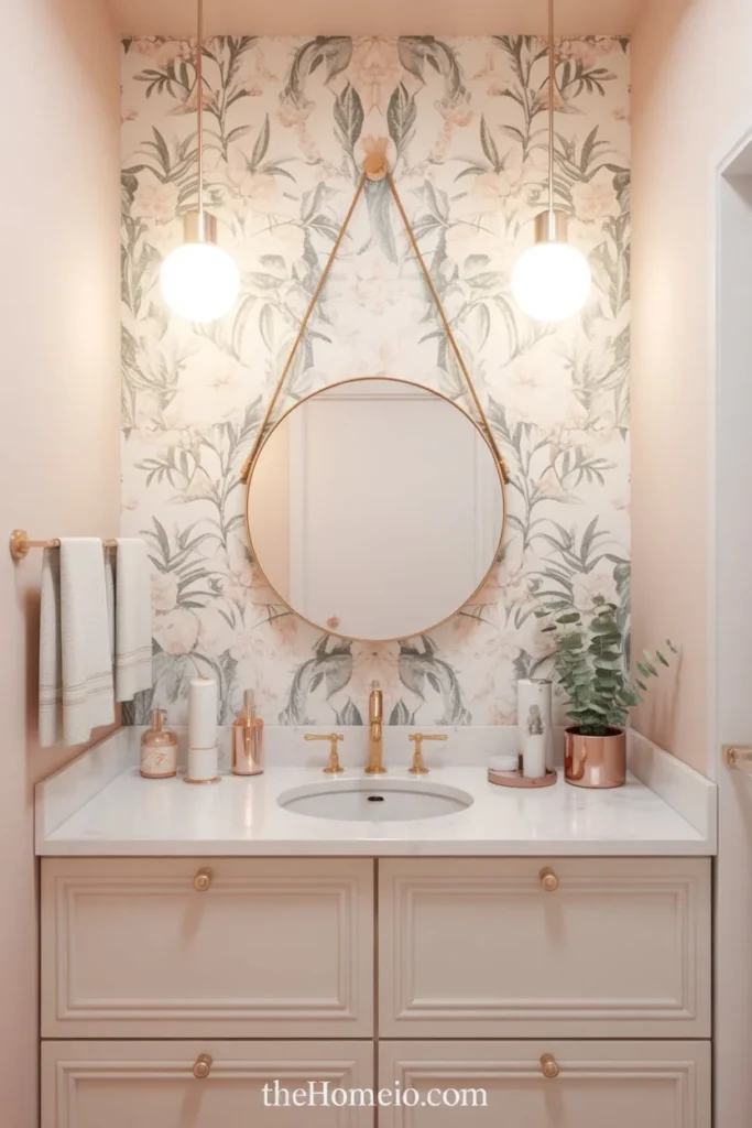 A small bathroom with elegant peel-and-stick wallpaper on one accent wall, a stylish vanity, warm lighting, and soft neutral decor.