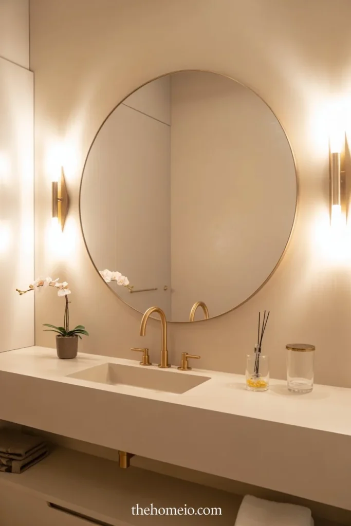 A chic bathroom with a large round mirror, warm wall sconces, soft beige walls, gold accents, and a clean modern vanity. The design should feel soft, feminine, elegant, and visually open.
