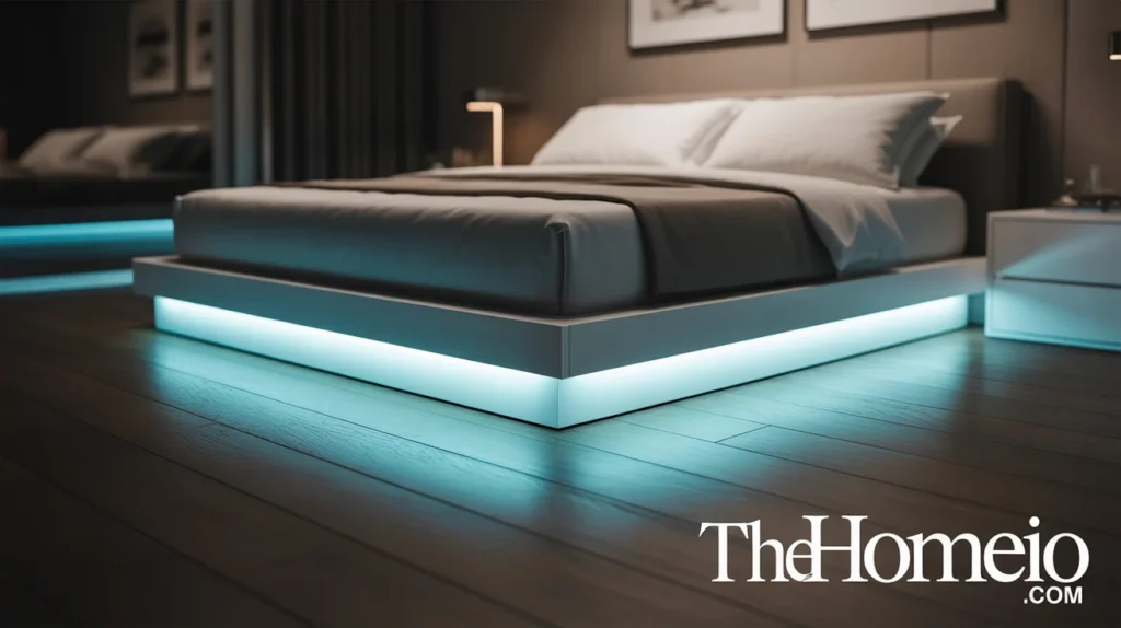 A bedroom with LED lights installed under the bed, creating a floating effect. The lights are soft and add a futuristic, stylish touch to the space.