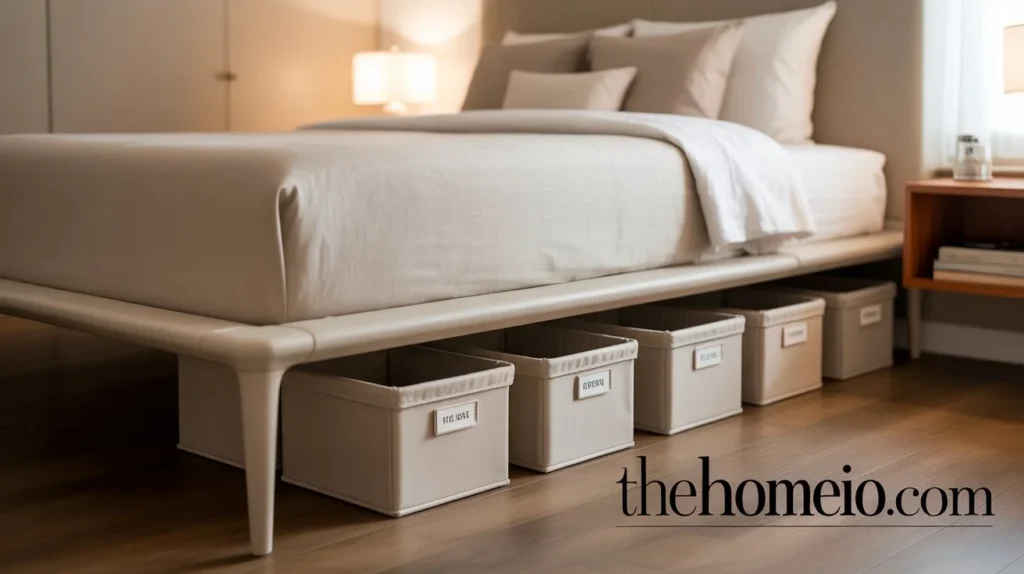 A small bedroom with stylish baskets placed under the bed, organizing extra pillows and blankets while maintaining a clean and clutter-free room.