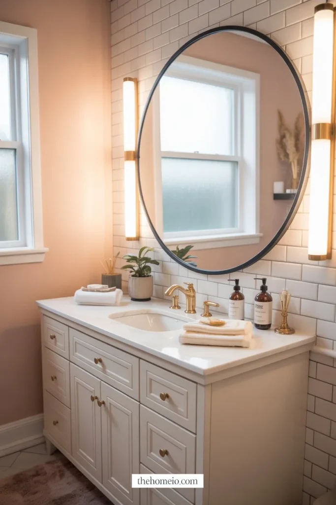 A beautiful bathroom vanity with a round black-framed mirror, soft wall lighting, neutral decor, and a clean elegant countertop.